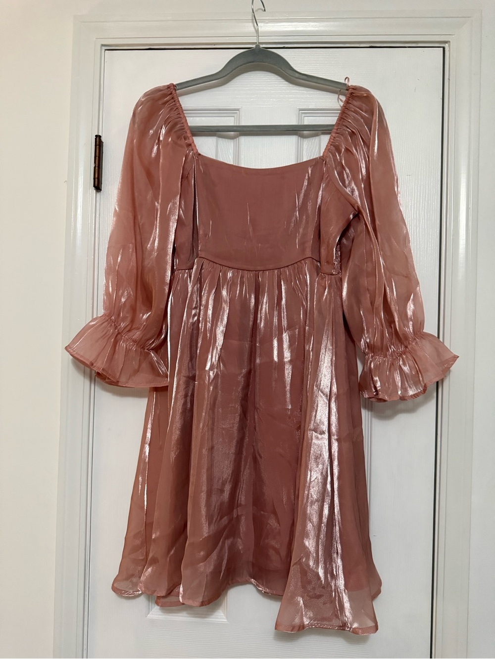 Sheer Shimmer Rose Pink Square Neck Mini Dress